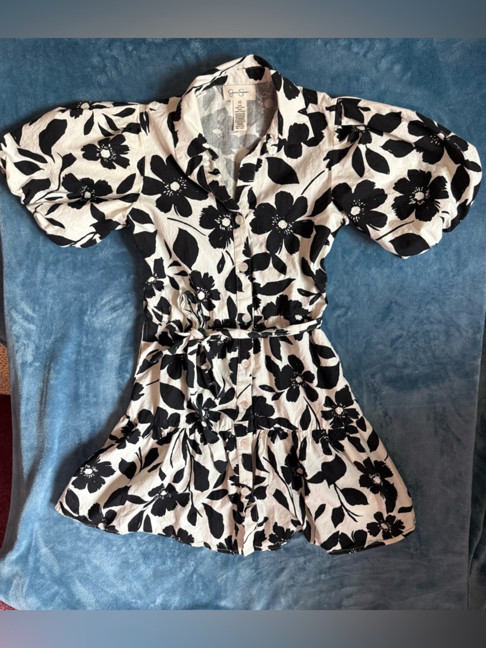 Jessica Simpson Black & White Floral Button-Front Kids Dress with Puff Sleeves